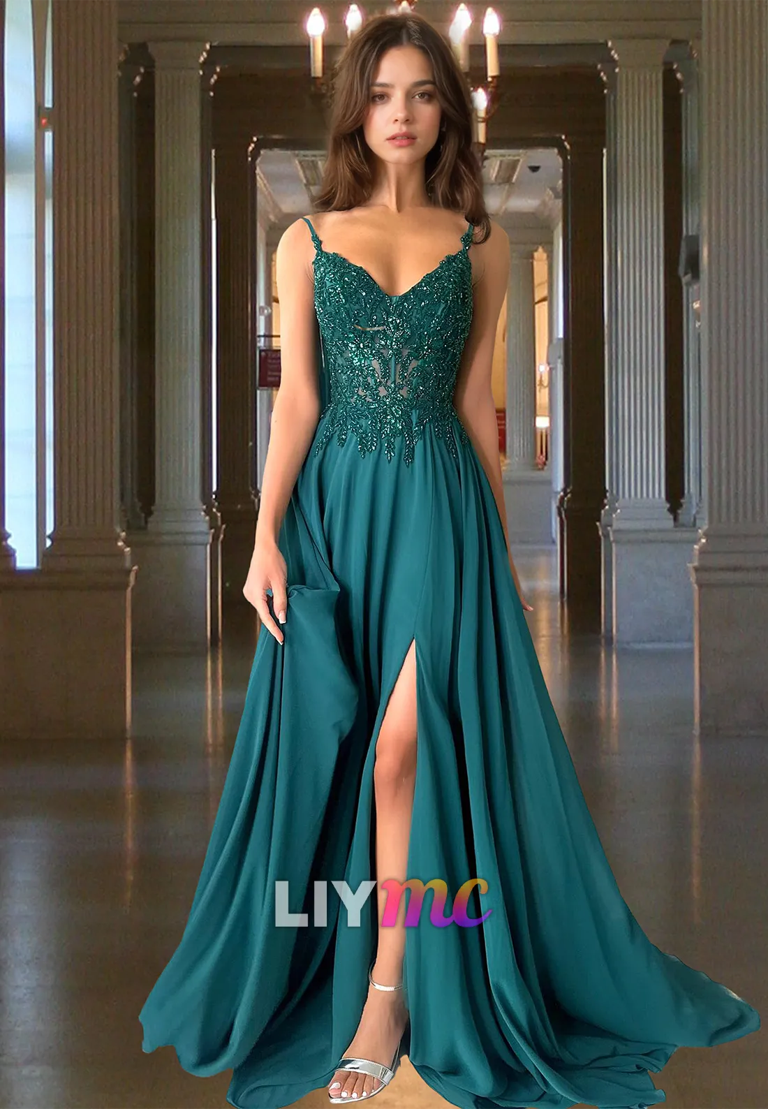 V-Neck Spaghetti Straps Appliques Beaded Pleated A-Line Prom Dress