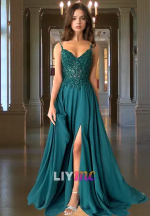 V-Neck Spaghetti Straps Appliques Beaded Pleated A-Line Prom Dress