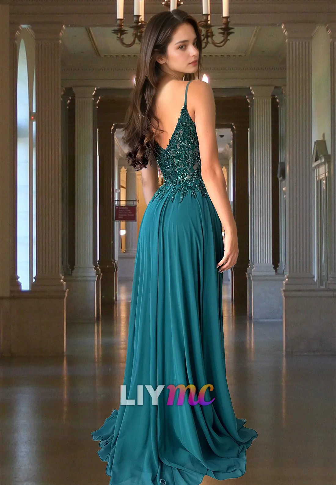 V-Neck Spaghetti Straps Appliques Beaded Pleated A-Line Prom Dress