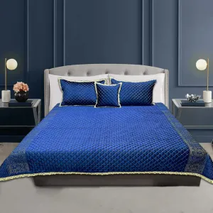 Velvet Heavy Embroidered Bed Spread 4Pcs - Blue