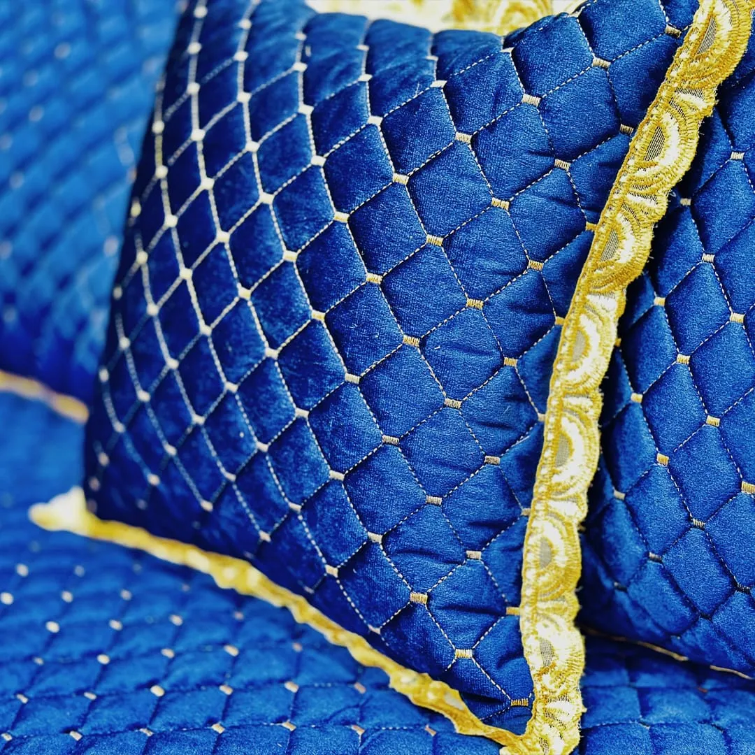 Velvet Heavy Embroidered Bed Spread 4Pcs - Blue