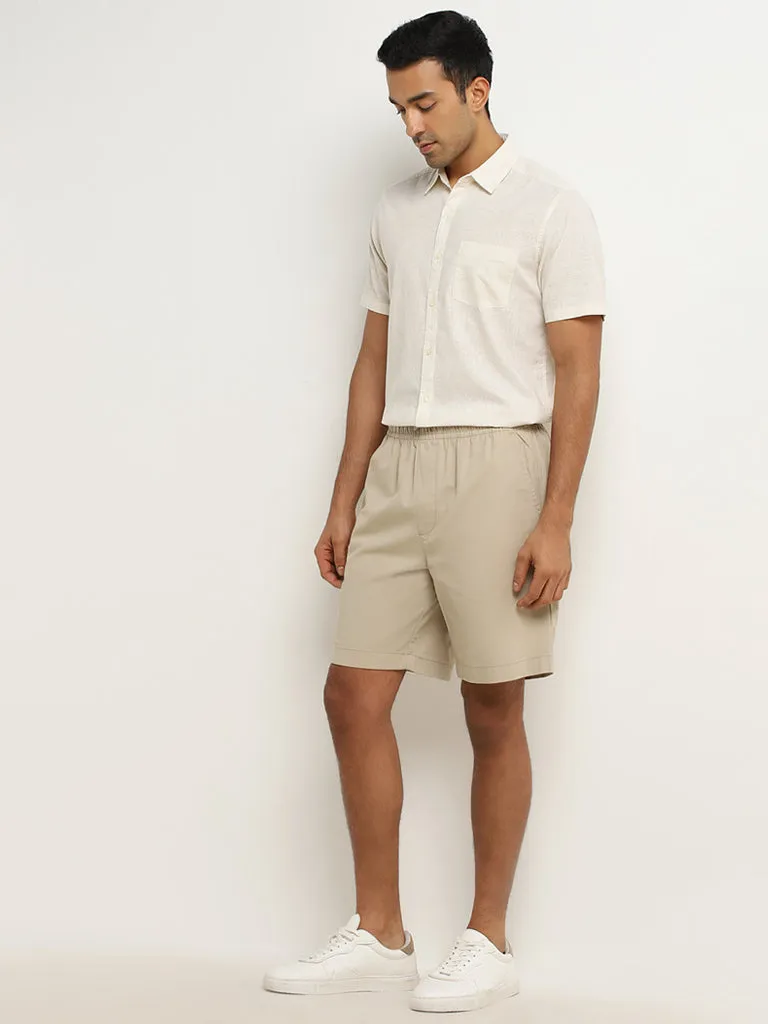 WES Casuals Beige Floral Design Slim-Fit Cotton Shirt