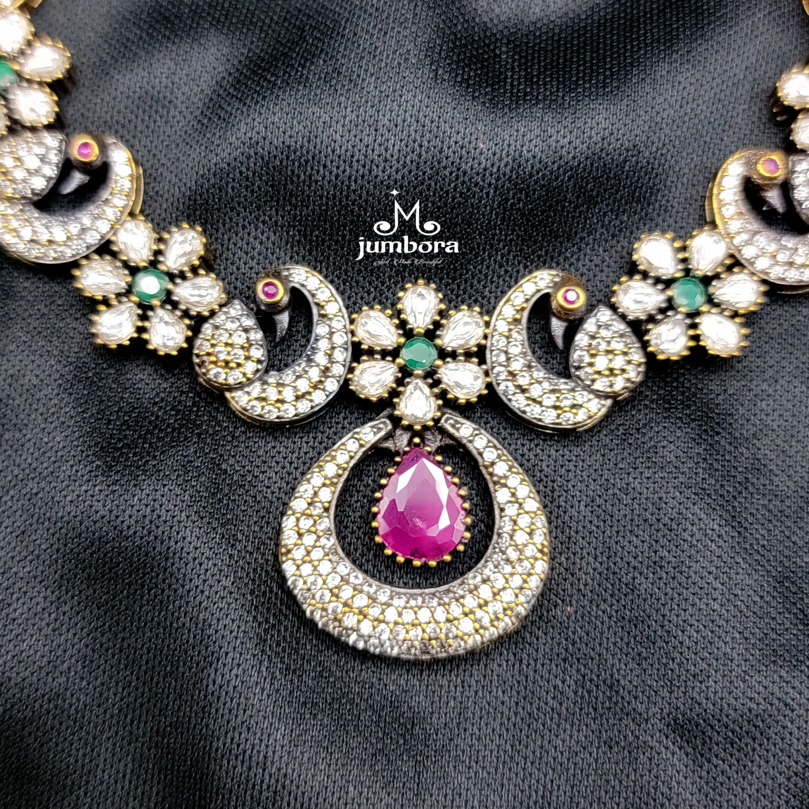 White, Green & Ruby Red AD Zircon Peacock Floral Victorian Necklace