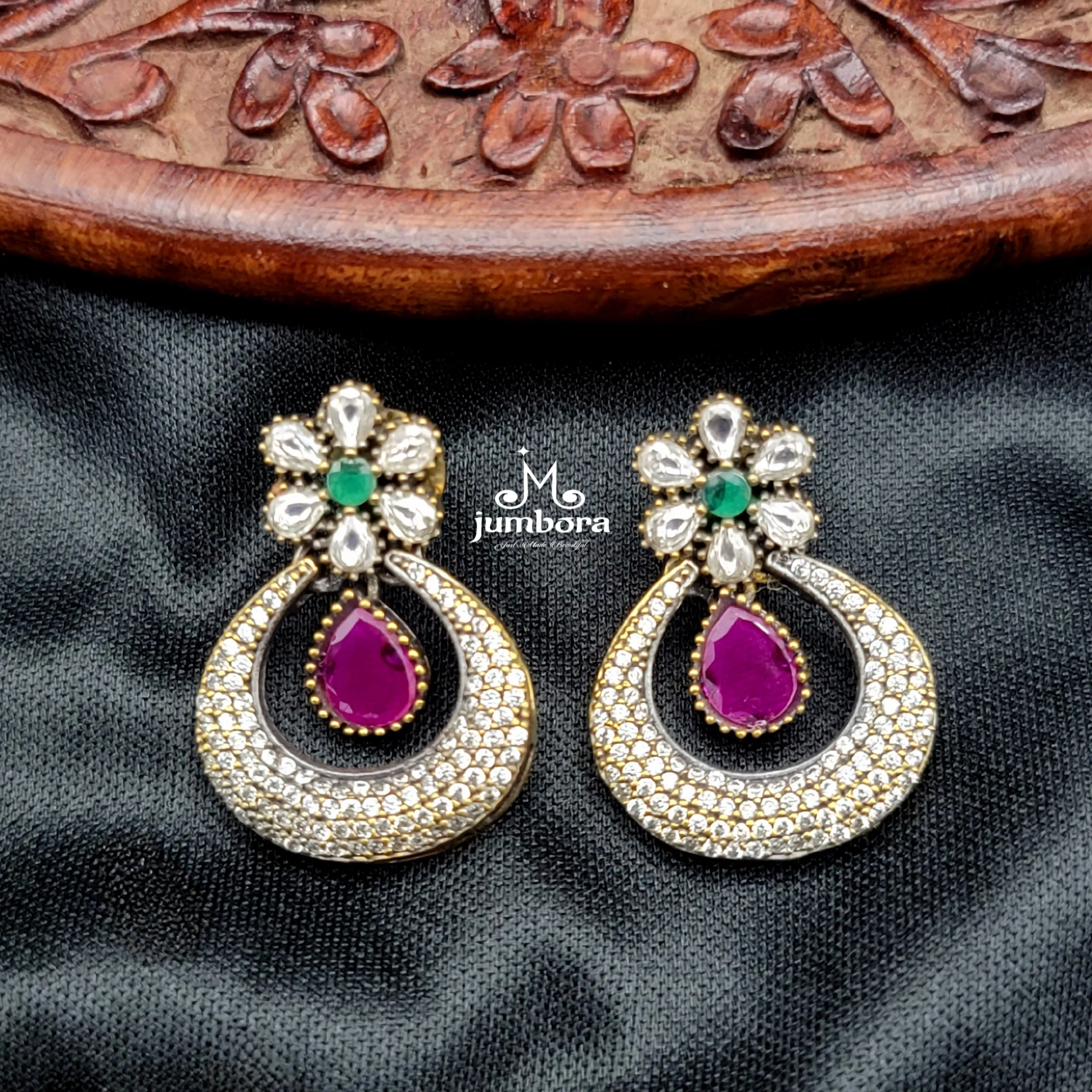 White, Green & Ruby Red AD Zircon Peacock Floral Victorian Necklace