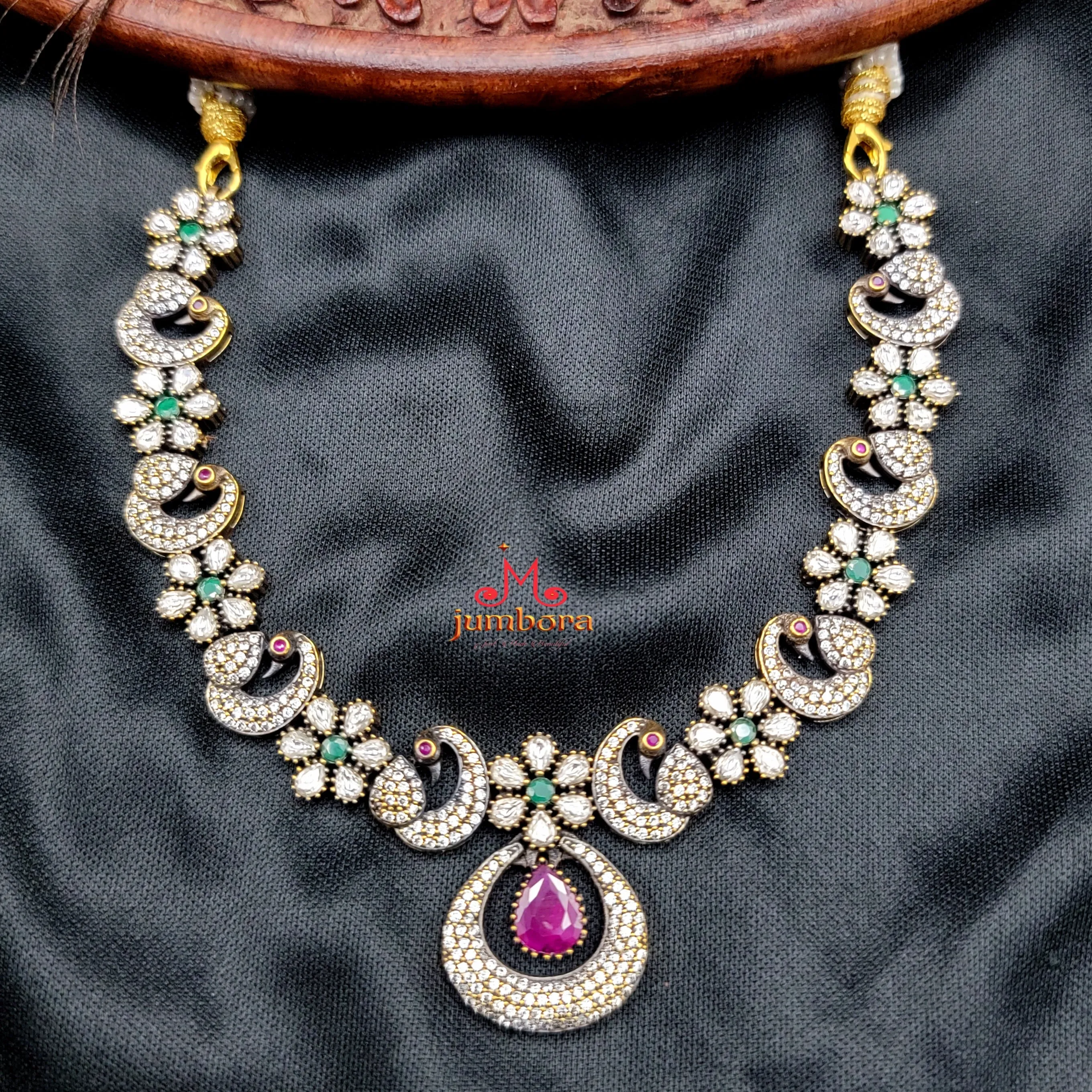White, Green & Ruby Red AD Zircon Peacock Floral Victorian Necklace