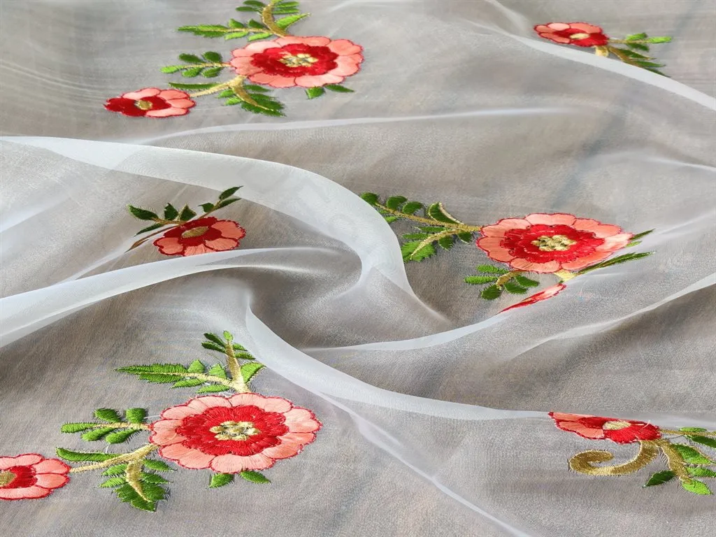 White Red Floral Embroidered Organza Fabric