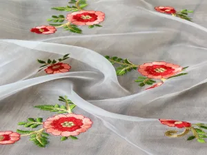 White Red Floral Embroidered Organza Fabric
