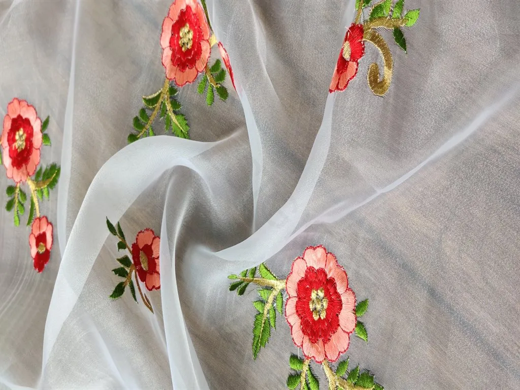 White Red Floral Embroidered Organza Fabric