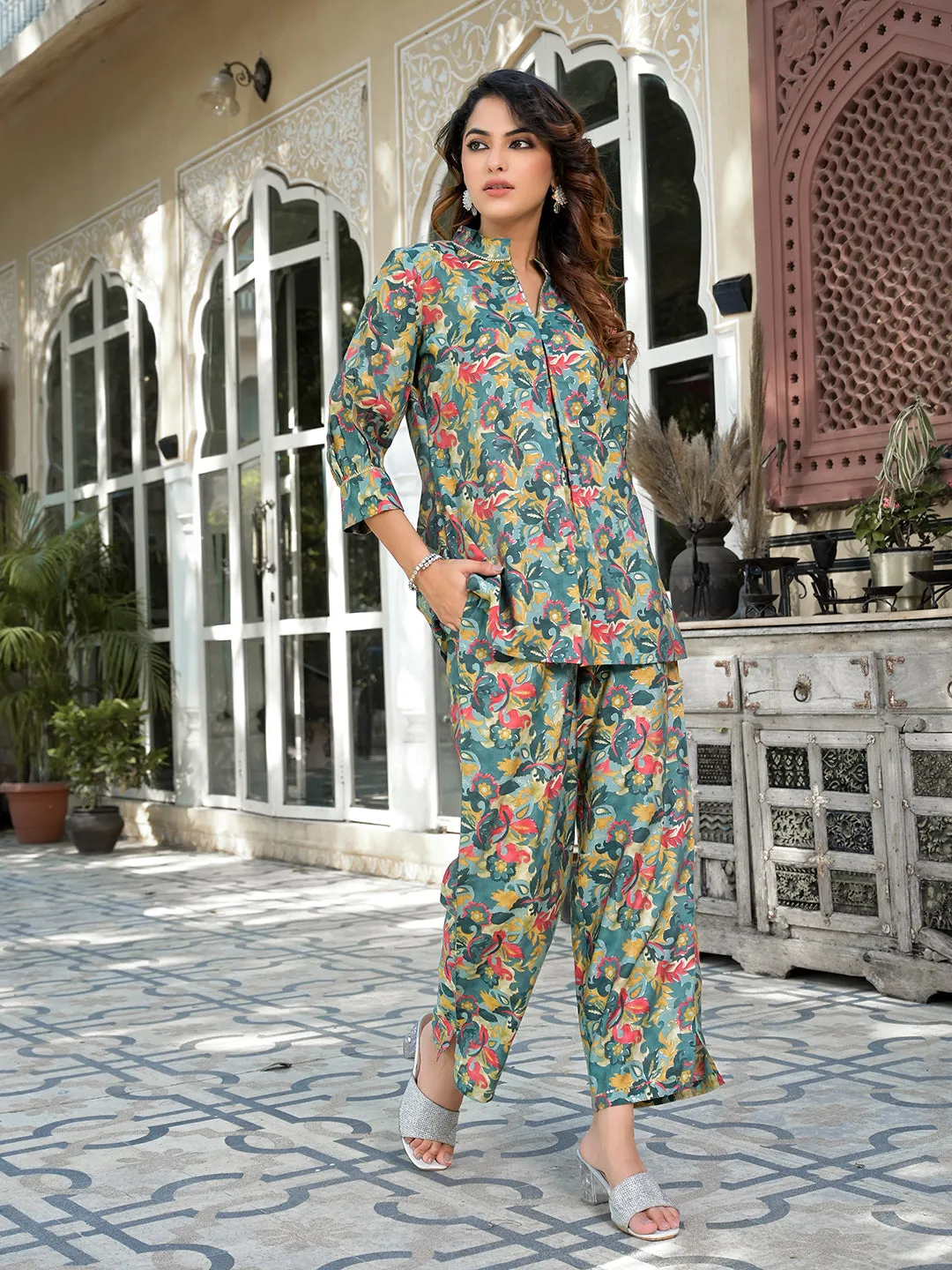 Women Sea Green Silk Blend Co-Ord Set