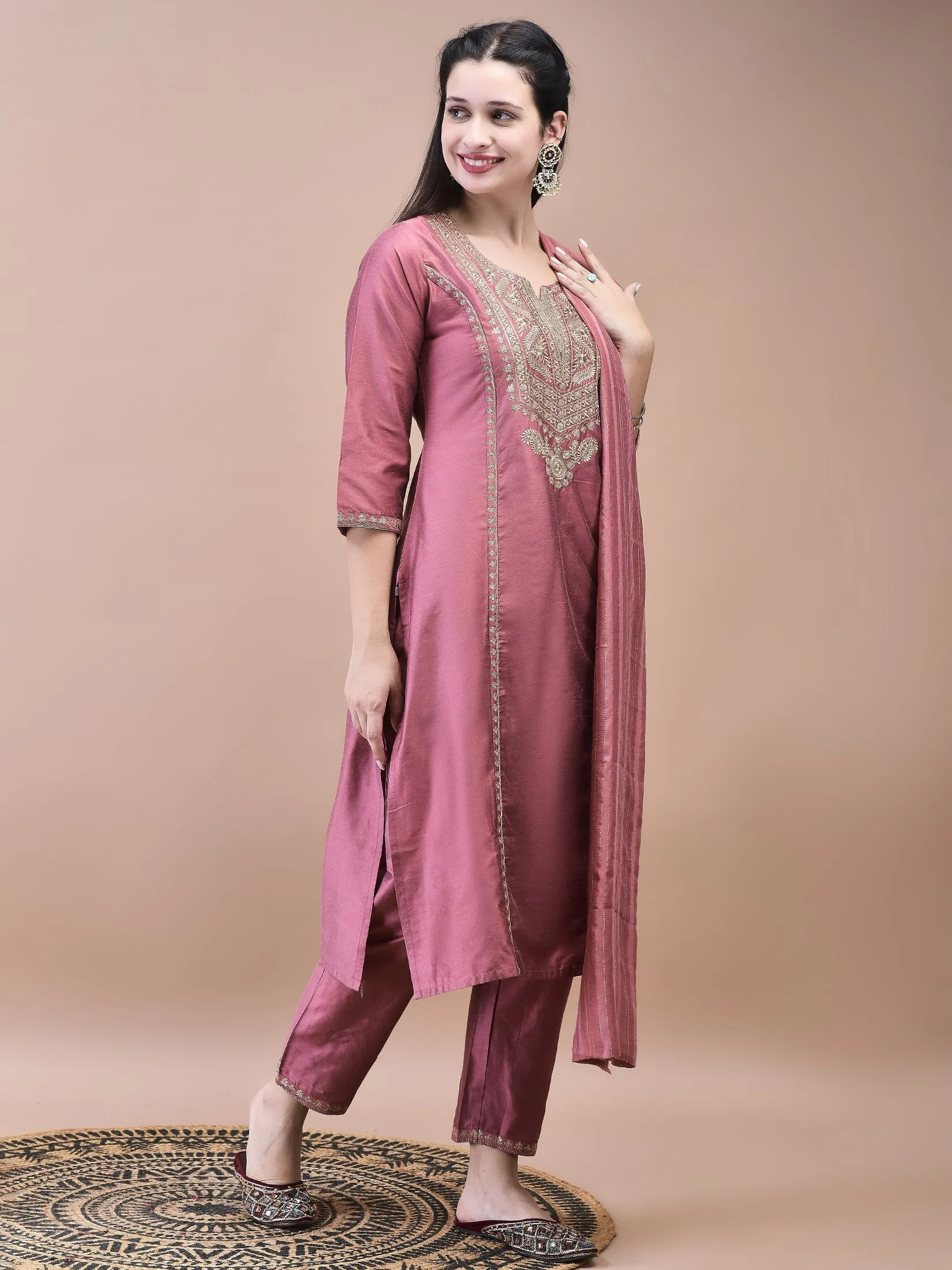 Women Silk Blend Pink Embroidered Kurta Trouser Chanderi Dupatta