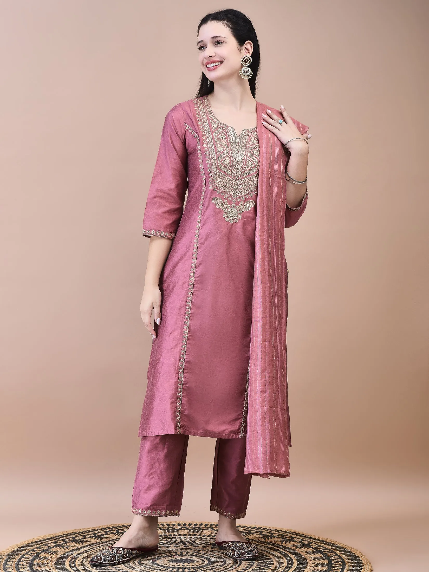 Women Silk Blend Pink Embroidered Kurta Trouser Chanderi Dupatta