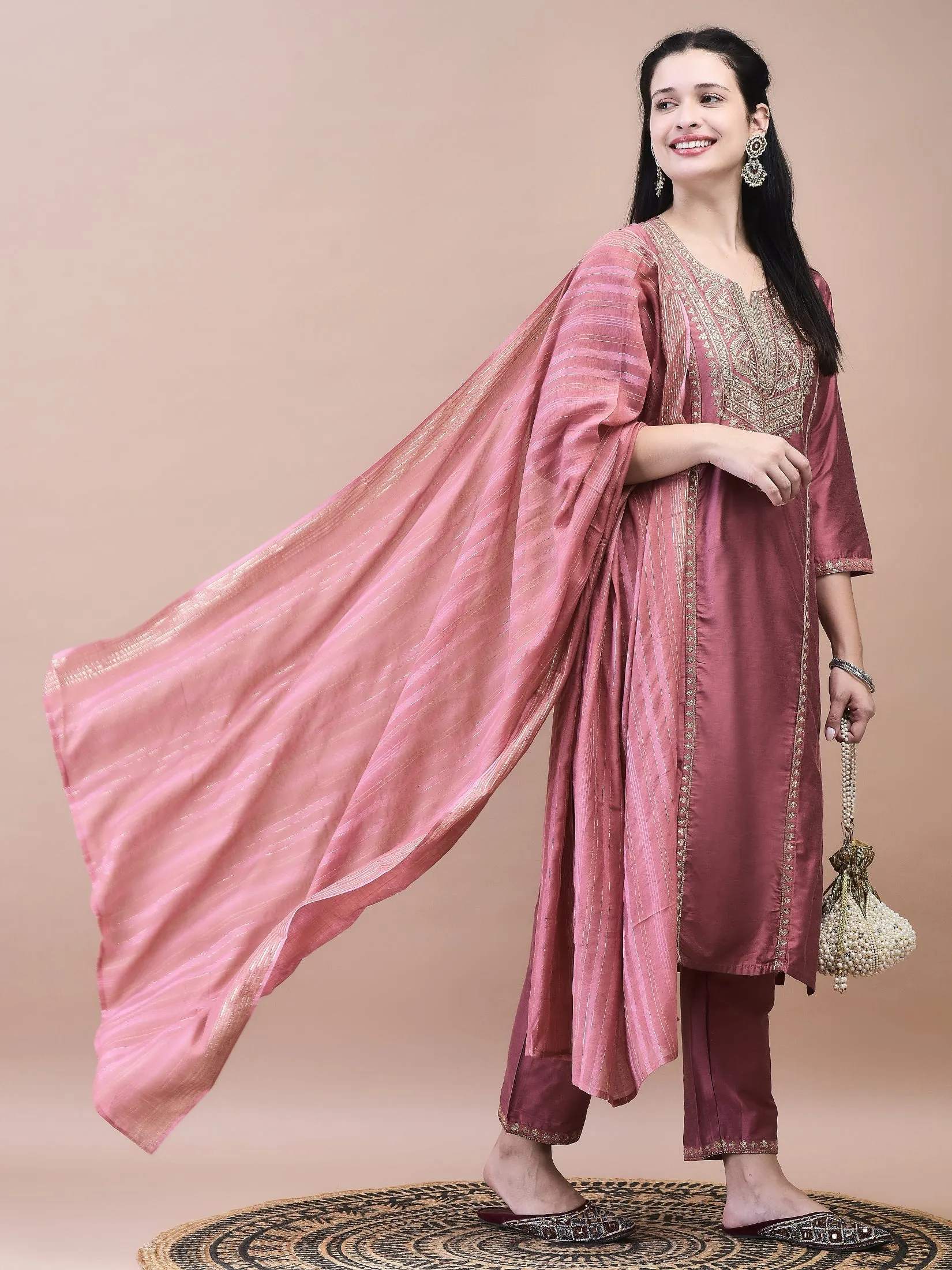 Women Silk Blend Pink Embroidered Kurta Trouser Chanderi Dupatta
