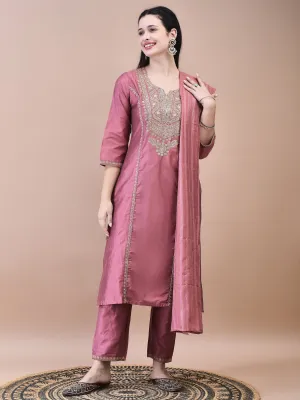 Women Silk Blend Pink Embroidered Kurta Trouser Chanderi Dupatta