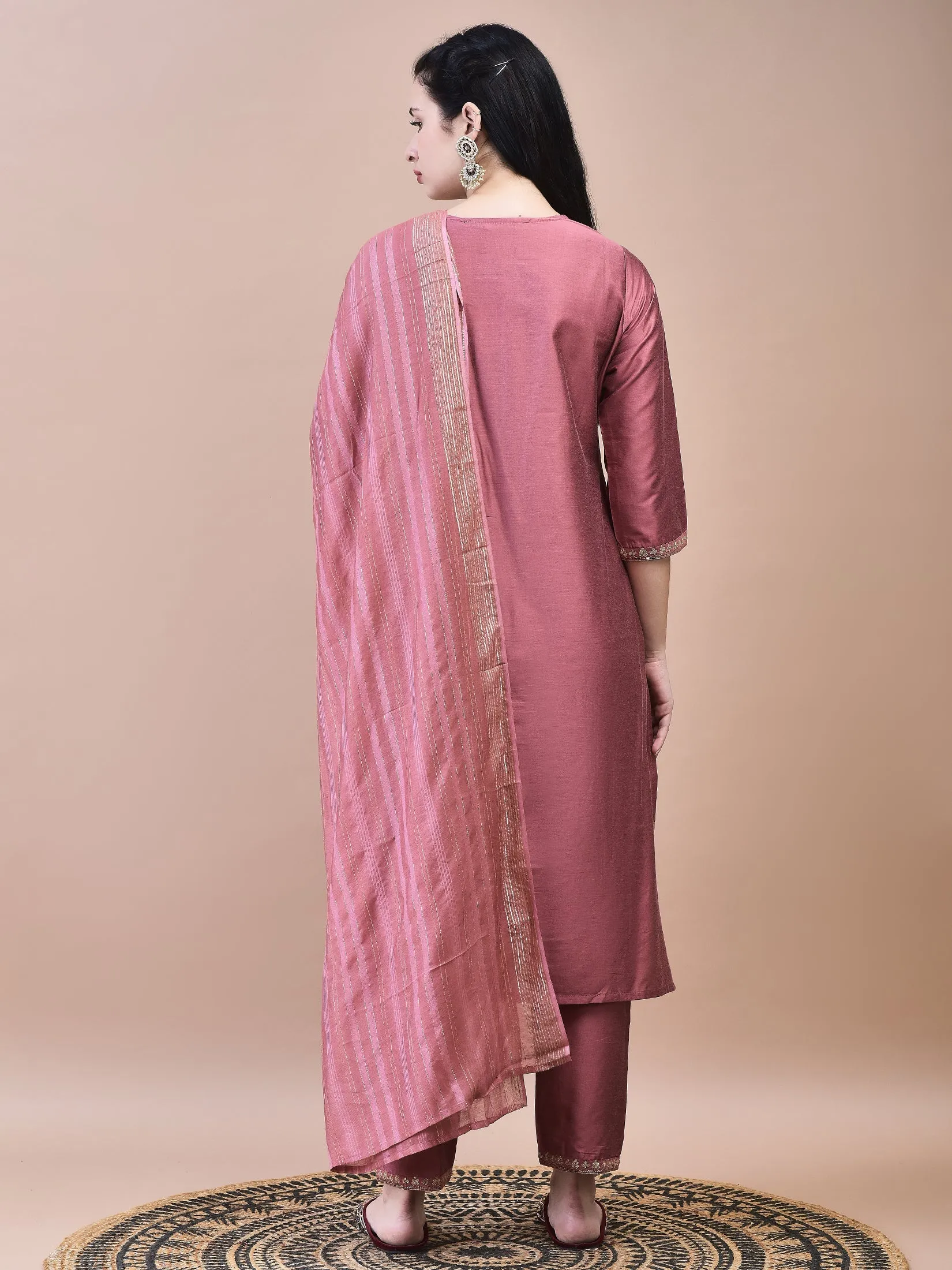 Women Silk Blend Pink Embroidered Kurta Trouser Chanderi Dupatta