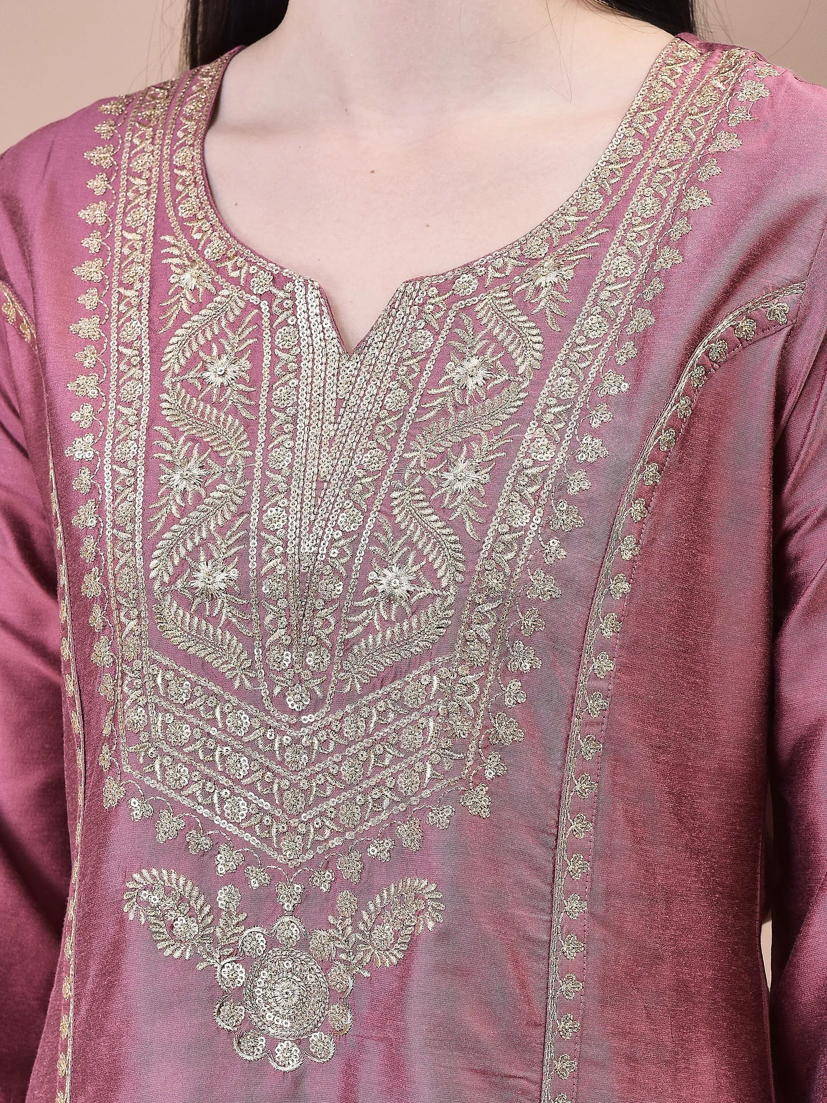 Women Silk Blend Pink Embroidered Kurta Trouser Chanderi Dupatta