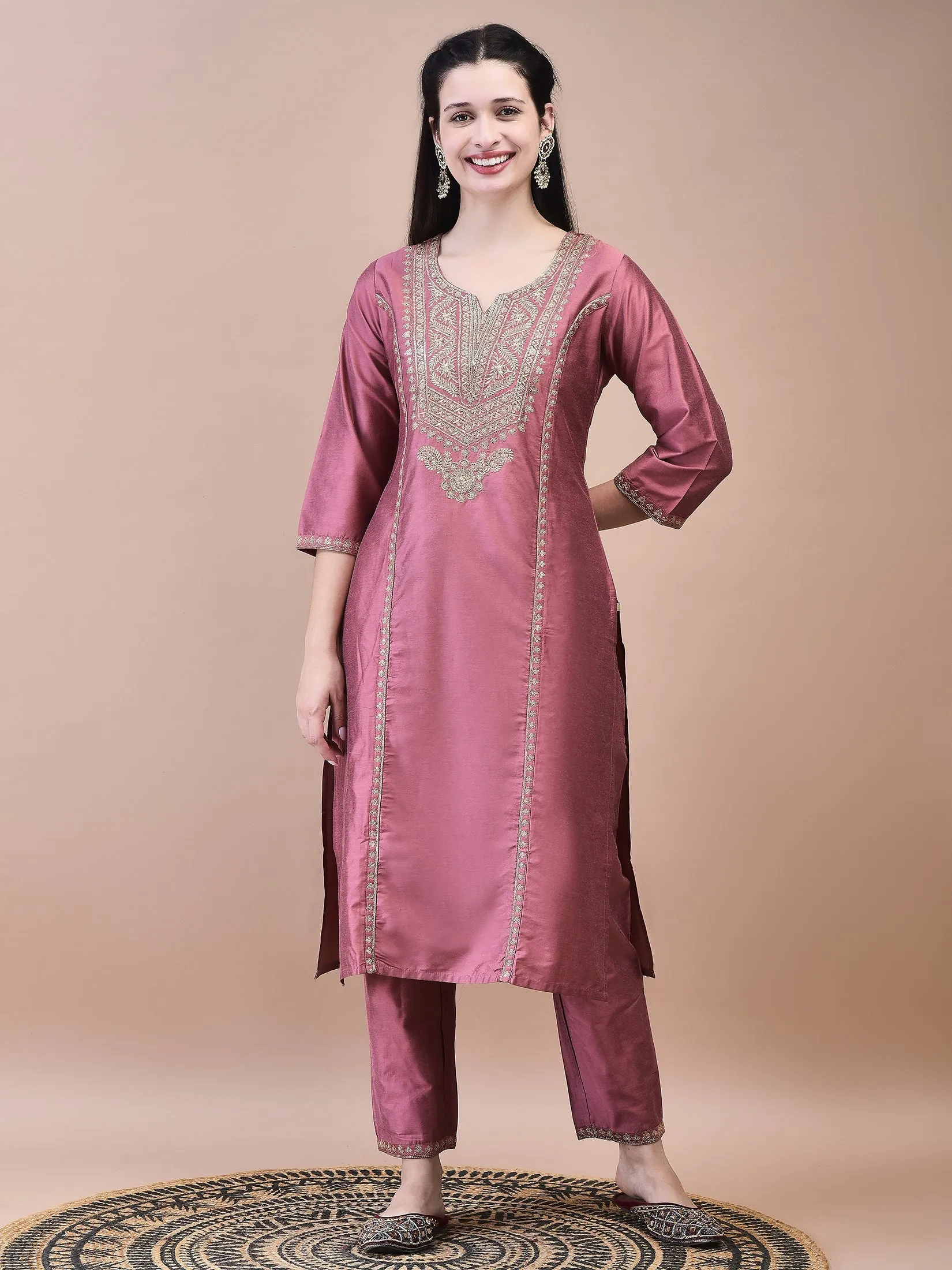 Women Silk Blend Pink Embroidered Kurta Trouser Chanderi Dupatta