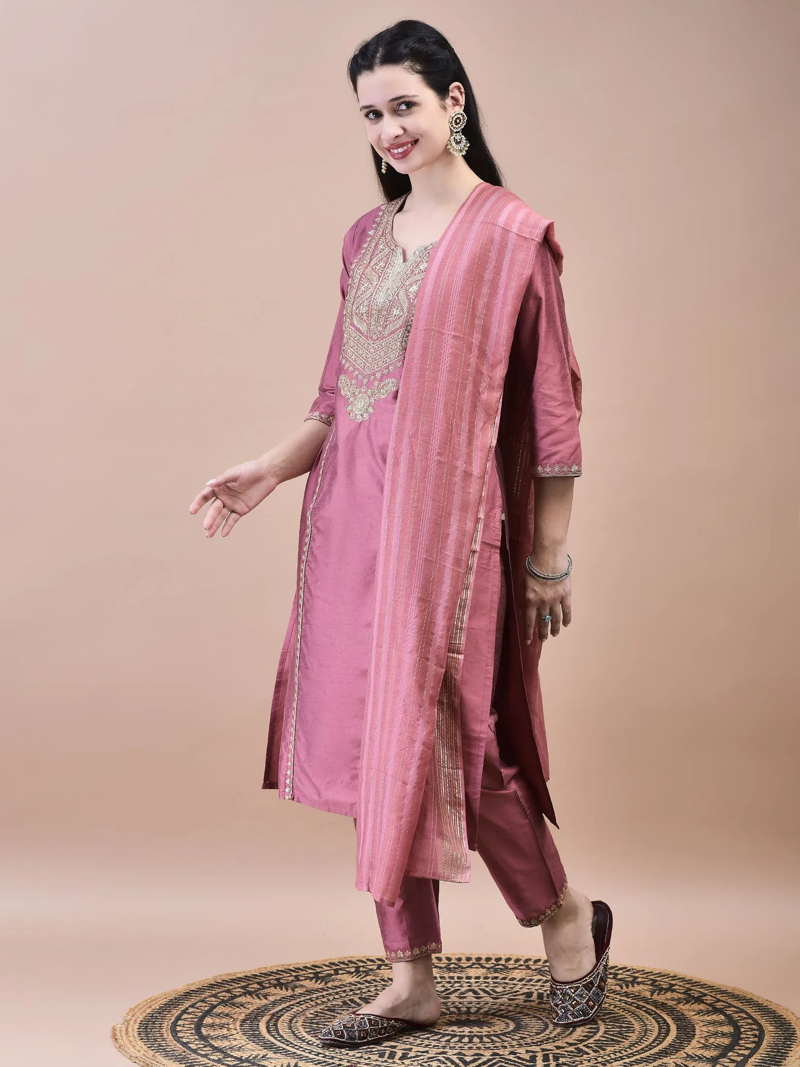 Women Silk Blend Pink Embroidered Kurta Trouser Chanderi Dupatta