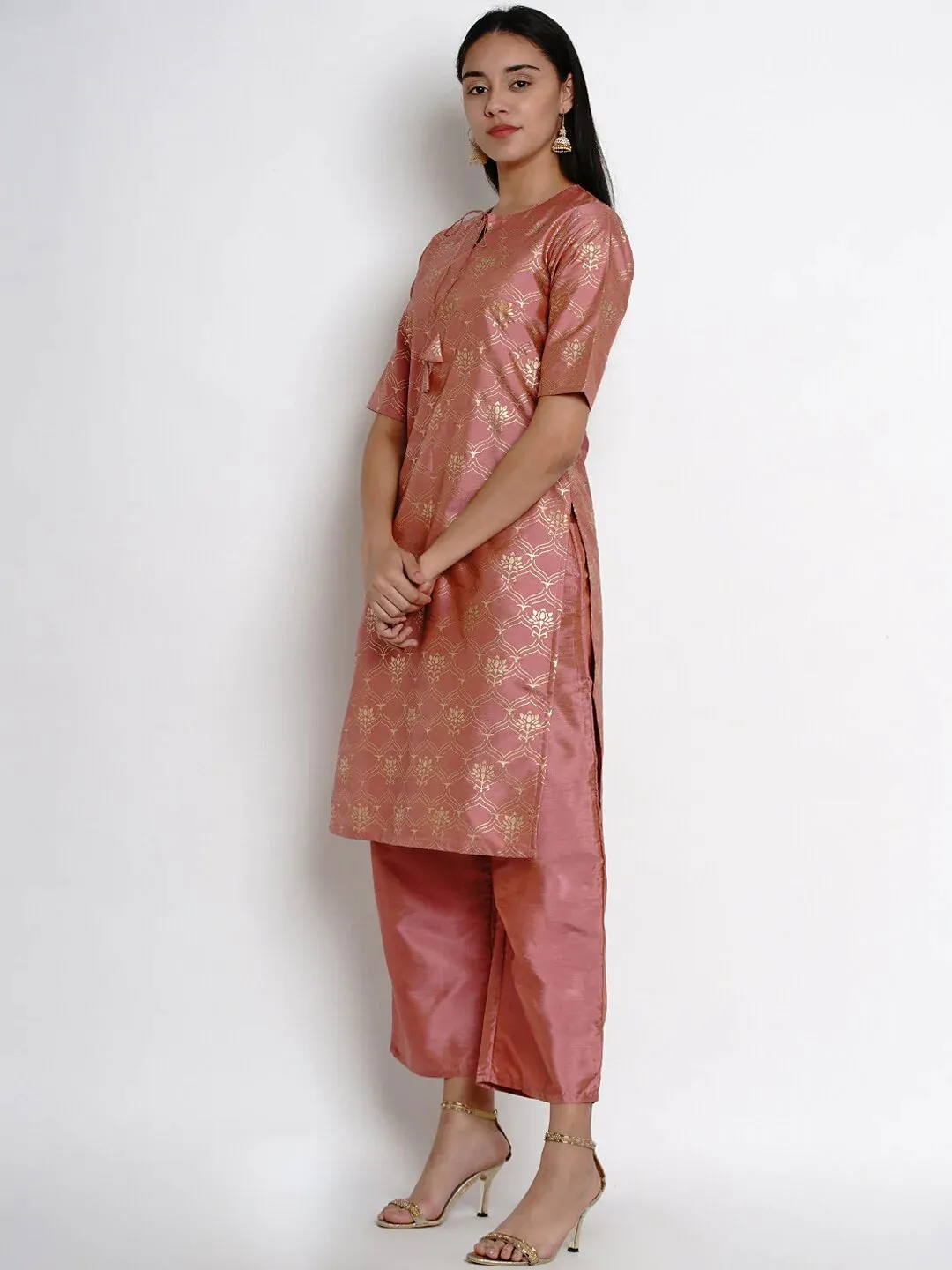 Women'S Peach-Coloured & Gold-Toned Printed Kurta With Palazzos
