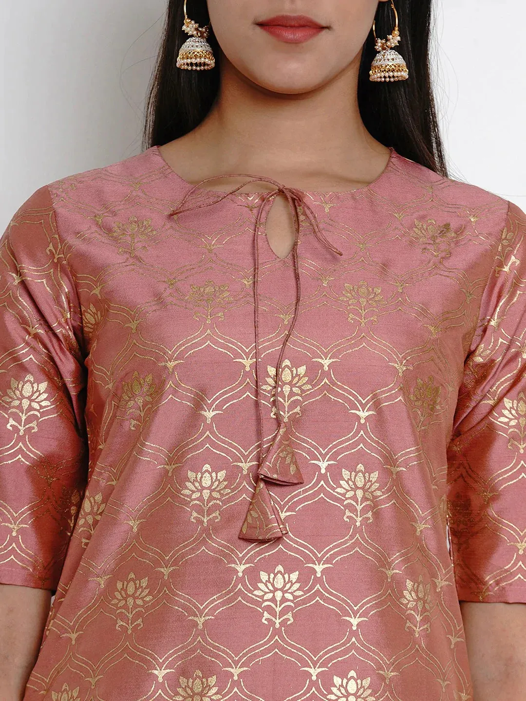 Women'S Peach-Coloured & Gold-Toned Printed Kurta With Palazzos