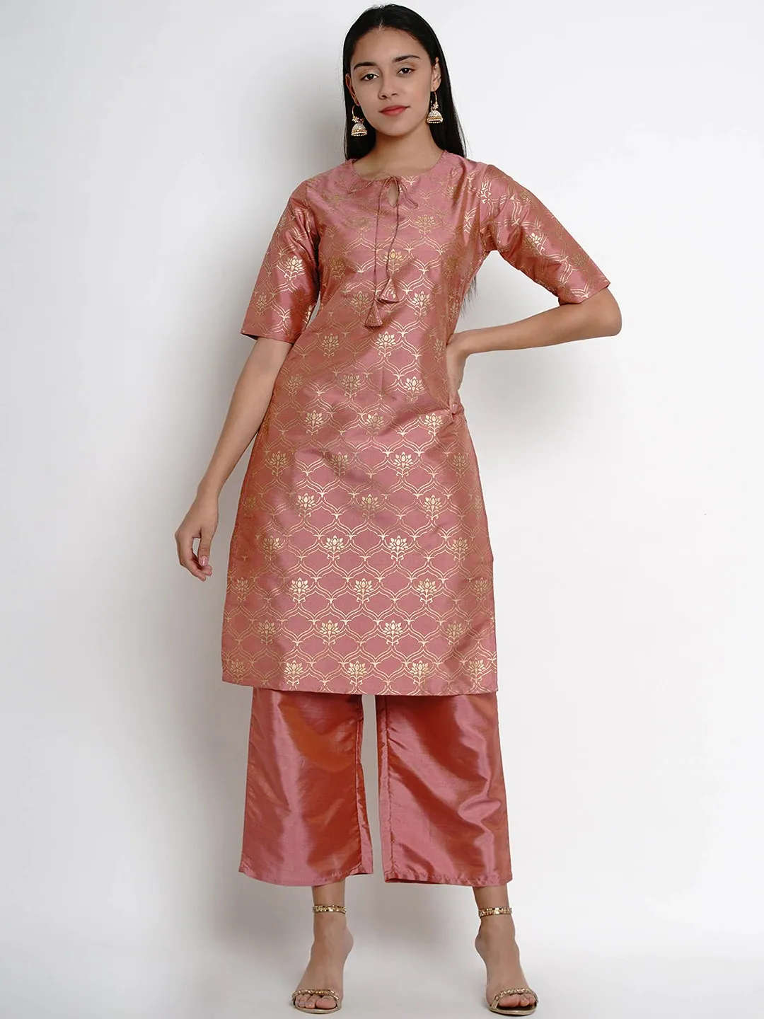 Women'S Peach-Coloured & Gold-Toned Printed Kurta With Palazzos