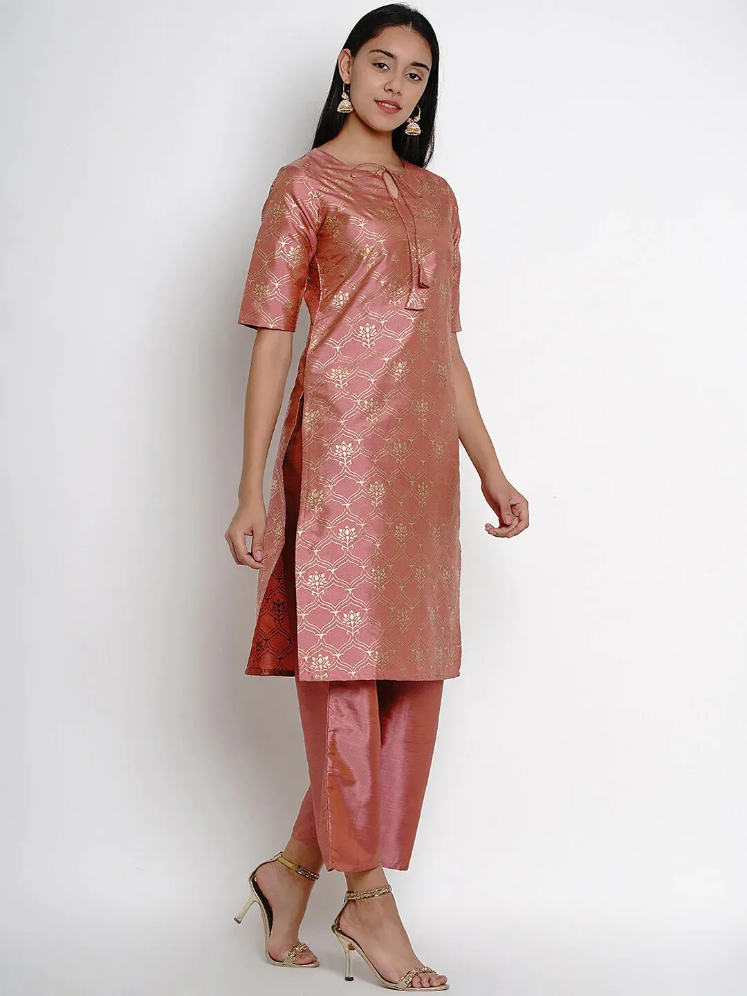 Women'S Peach-Coloured & Gold-Toned Printed Kurta With Palazzos