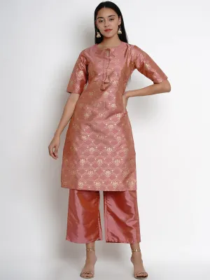 Women'S Peach-Coloured & Gold-Toned Printed Kurta With Palazzos