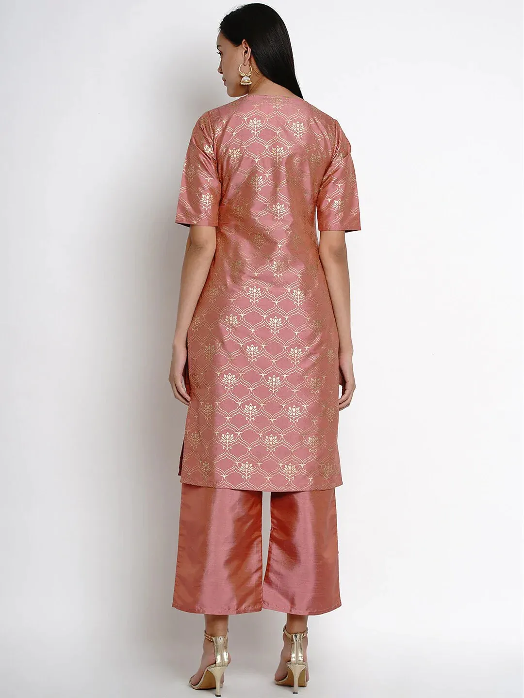 Women'S Peach-Coloured & Gold-Toned Printed Kurta With Palazzos