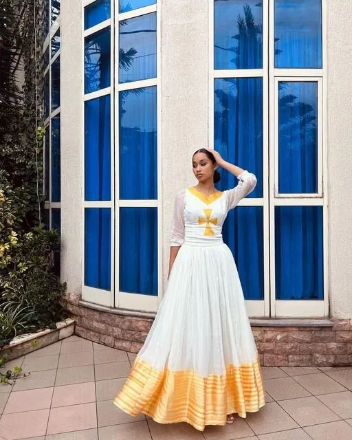 Yellow tibeb habesha kemis modern ethiopian dress simple habesha dress