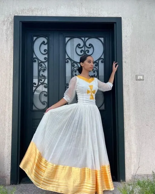 Yellow tibeb habesha kemis modern ethiopian dress simple habesha dress